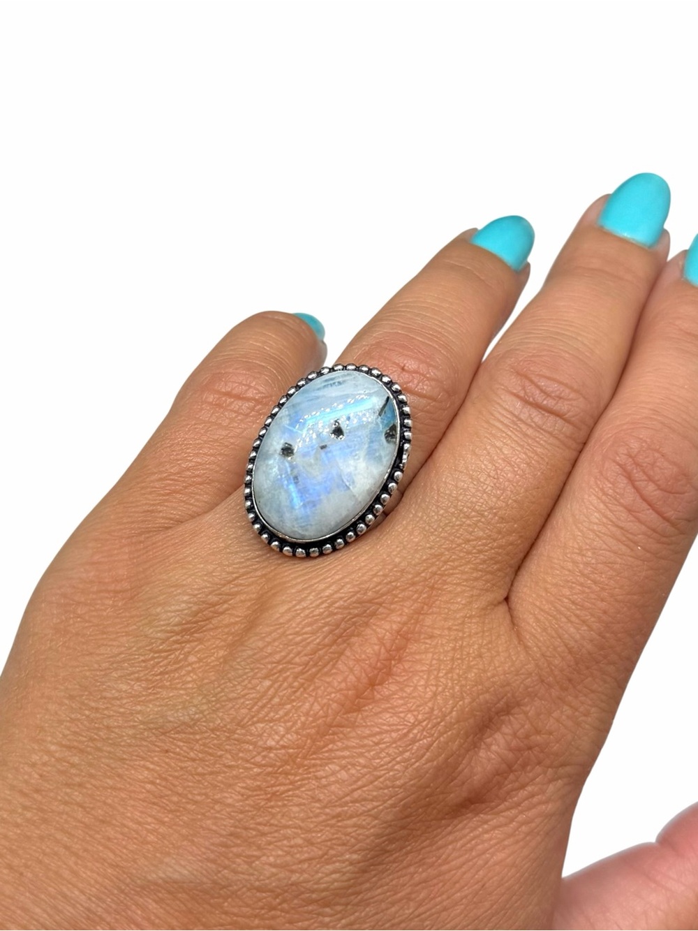 Blue Flash Rainbow Moonstone Ring Size 9 925 Sterling Silver Overlay Oval Stone - Picture 11 of 11